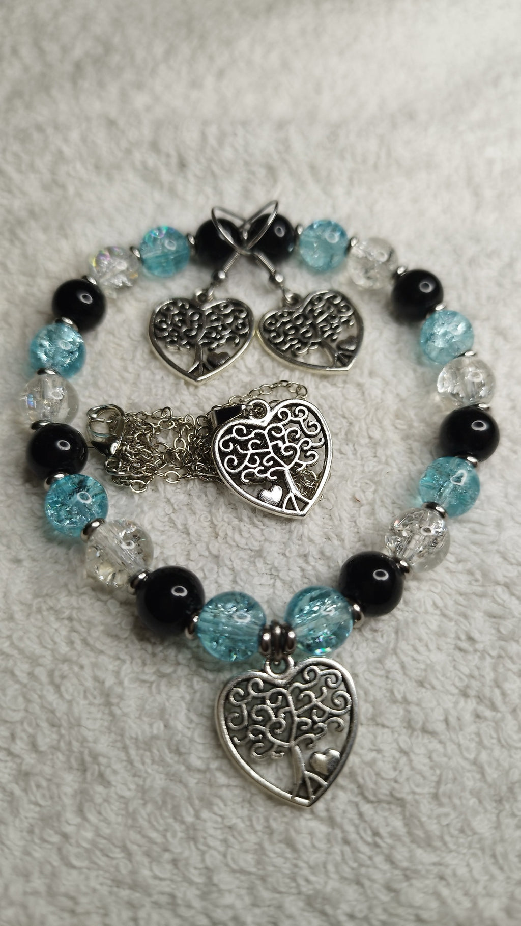 Schmuckset mit Crackit-Glasperlen & Onyxperlen – Armband mit Lebensbaum Anhänger - Marilu Handmade 🇩🇪