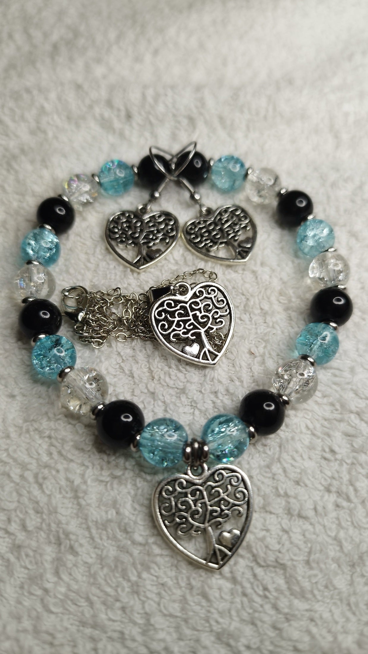 Schmuckset mit Crackit-Glasperlen & Onyxperlen – Armband mit Lebensbaum Anhänger - Marilu Handmade 🇩🇪